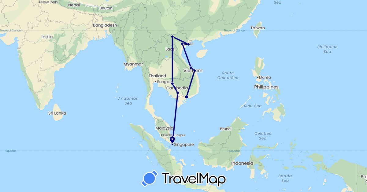TravelMap itinerary: driving in Cambodia, Singapore, Vietnam (Asia)
